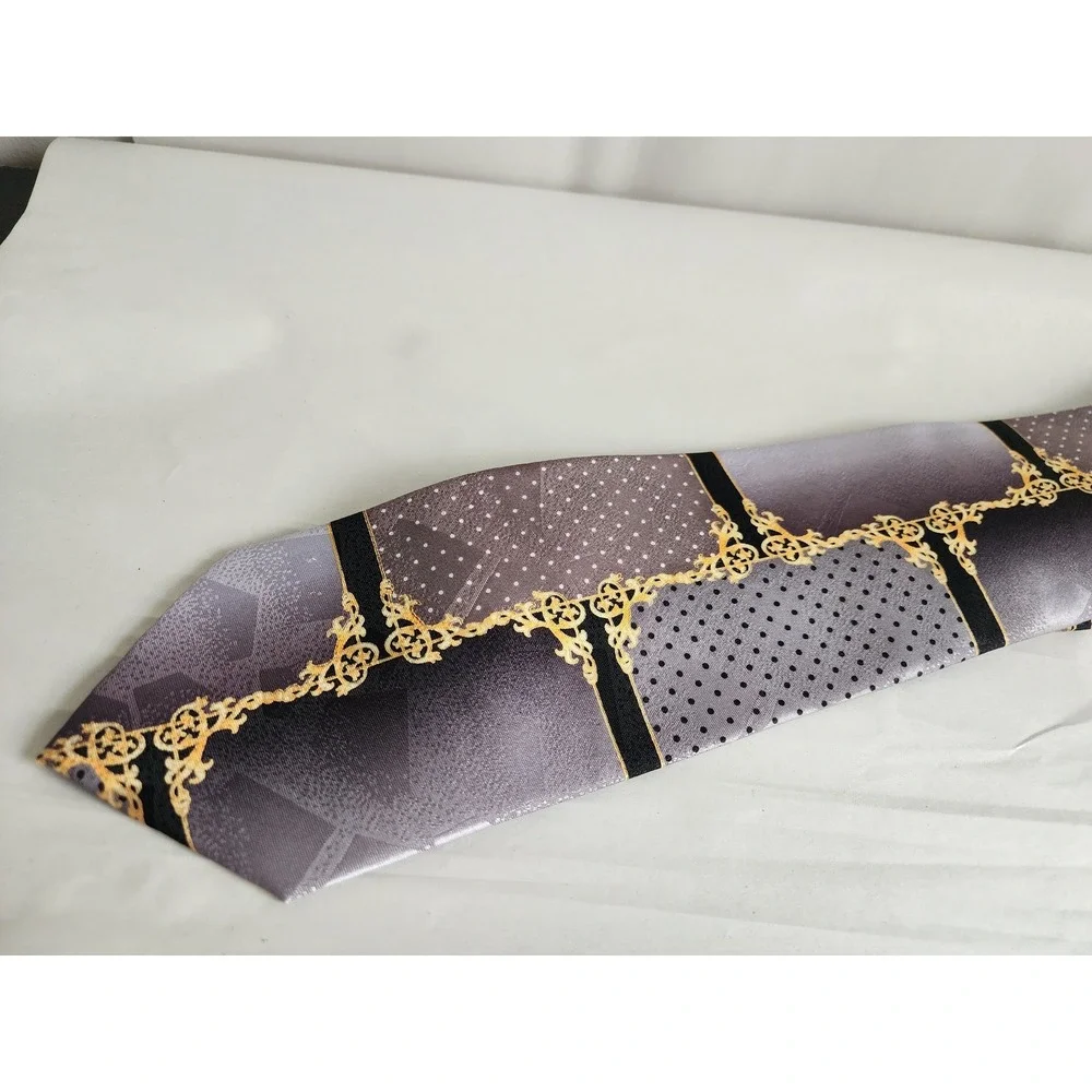 Daniel Ellissa New York Mens Tie Grey Black Gold Baroque Polka Dot Patchwork